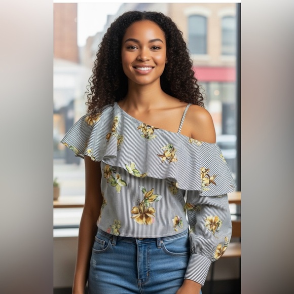 COPY - Lumiere Urban Outfitters Floral Striped Off Shoulder Blouse Spring Summe… - Picture 1 of 3